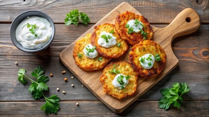 Crispy gluten-free potato fritters topped with a dollop of creamy cottage cheese on a wooden cutting board , flat lay