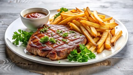 A juicy ribeye steak sits atop a bed of crispy golden fries, surrounded by a drizzle of savory sauce and a sprinkle of fresh parsley, on a clean white plate , meal, food