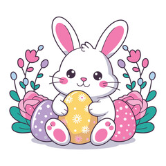 Kawaii Easter Bunny with Flowers and Star Egg
