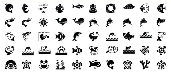 Black and white sea creatures and ocean life icons vector set for various design projects