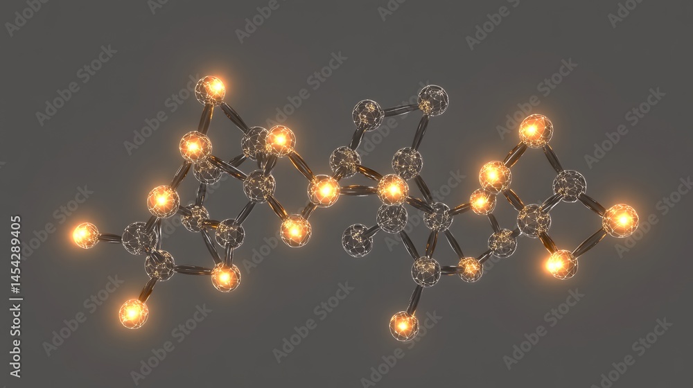 Poster complex molecular structure illuminated by glowing orbs.