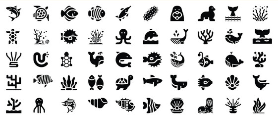 A collection of black and white sea creature icons for ocean themed design projects