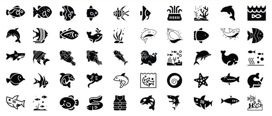 Collection of diverse black and white ocean animal illustrations on white background