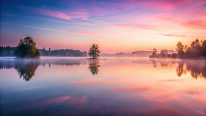 A misty pink sunrise casts a serene and peaceful ambiance over a still lake, with gentle ripples on its surface reflecting the soft colors of dawn , peaceful morning, water reflections