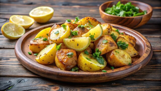 Pan-seared potatoes with cumin and coriander spices on a wooden plate