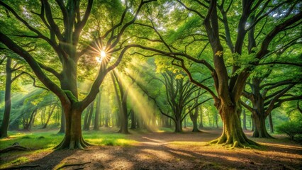 Naklejka premium Softly filtered sunlight filters through leafy canopy of ancient trees in a lush green forest, casting dappled shadows on forest floor, nature, woods