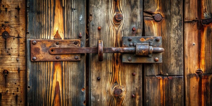 Weathered wooden door with rusty hinges and old metal lock set against a dark rustic black background, distressed wood, outdoor setting