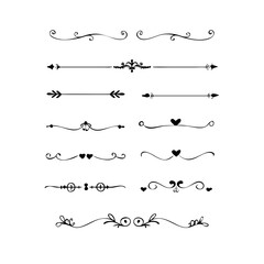 Obraz premium Dividers doodle set. Wedding decorative elements. Divider ornament, borders, vintage line separators. Hand drawn vector illustration isolated on white background. 