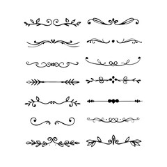 Obraz premium Dividers doodle set. Wedding decorative elements. Divider ornament, borders, vintage line separators. Hand drawn vector illustration isolated on white background. 