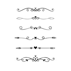Fototapeta premium Dividers doodle set. Wedding decorative elements. Divider ornament, borders, vintage line separators. Hand drawn vector illustration isolated on white background. 