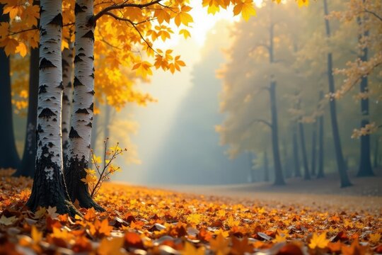 Golden autumn leaves blanket the forest floor, illuminating the scene with a soft, hazy sunlight, two birch trees stand tall amidst the vibrant foliage, creating a picturesque autumnal landscape.