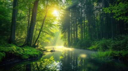 Fototapeta premium Early morning mist in a forest, sunlight filtering through trees over a calm river