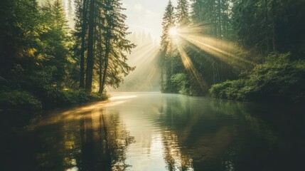 Early morning mist in a forest, sunlight filtering through trees over a calm river