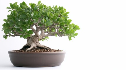Serene, small bonsai tree in a brown pot, white background