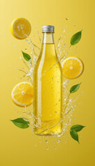 Refreshing glass bottle of lemon juice surrounded by splashing water, lemon slices, and green leaves on vibrant yellow background