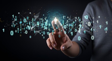 Person Touching Digital Human Icon with Binary Code and Network