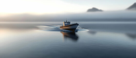 Misty Morning Sunrise With Small Boat At Sea