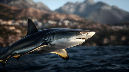 Naklejka premium Shark Emerging From Water In Coastal Mountain Scenery