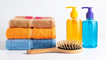 towels and soap and brush, vibrant colorful matching color