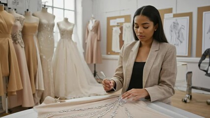 Female fashion designer sketches dress in studio next to mannequin, combining creativity, focus and tradition in a modern artisan approach to custom tailoring - Powered by Adobe