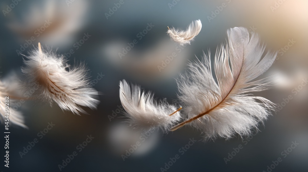 Poster delicate white feathers float gracefully through the air during twilight, adding a tranquil ambiance