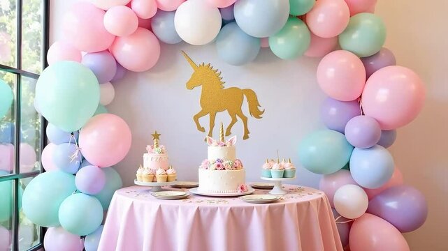 Unicorn birthday party decorations ideas pastel balloons cake cupcakes table setup theme