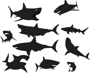 Shark symbols in black. Set. Vector against a gray backdrop. Illustration and Art