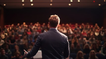 Employee giving motivational speech, audience in focus