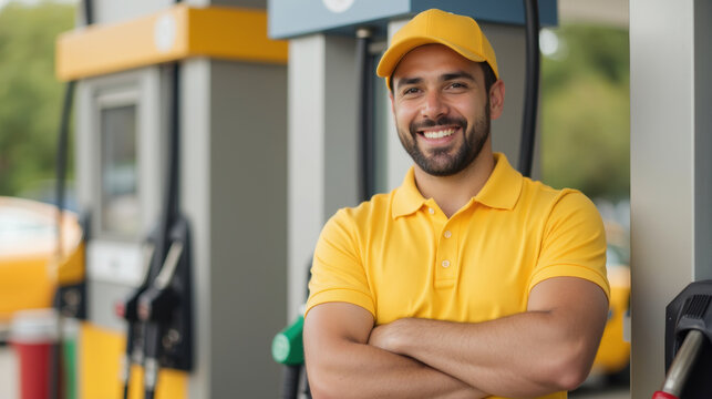 cheerful man in yellow uniform stands confidently at gas station, showcasing friendly demeanor and welcoming smile