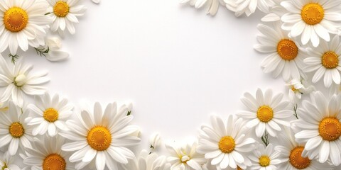 Fototapeta premium Delicate white daisies framing a blank space floral arrangement studio
