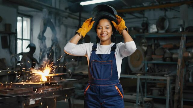 Young female welder smiles and lowers her helmet with confidence, ready to work, showing pride, skill and presence in a traditionally male-dominated craft profession