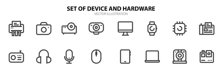 Simple Set of Device and Hardware Related Vector Line Icons. Contains such Icons as Camera or Printer, Smartphone, Computer and more. Editable Stroke