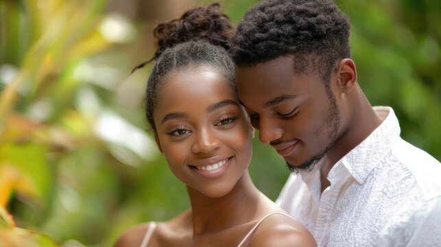Engaged couple, standing close together, outdoor garden setting, soft focus - Powered by Adobe