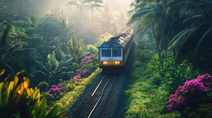 Naklejka premium Train journey through lush tropical rainforest with vibrant flora and fauna
