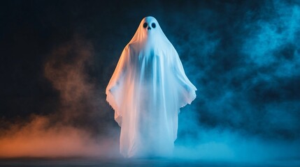 Spooky figure in a white sheet with glowing eyes, surrounded by fog