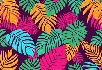 Fototapeta premium Retro-colored dotted palm leaf silhouettes create a vibrant tropical seamless pattern, digital, palm leaves