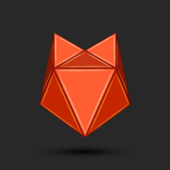 Red fox head 3d low poly logo polygonal futuristic animal mask front view, triangular geometric shapes on dark background, industrial style emblem