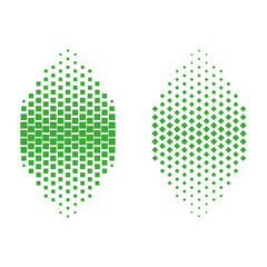 Pixelated abstract green leaves formed by geometric square and diamond patterns on white background, symbolizing digital nature, technology and modern eco inspired graphic particles design.
