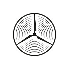 Abstract wind turbine round symbol with circular motion lines and three-blade propeller design, minimal emblem representing renewable energy, sustainability, technology and dynamic rotation.