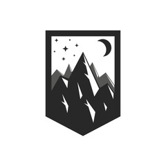 Mountain logo shield shape with moon and stars in minimalist black and white style, alpine landscape emblem for outdoor adventure, hiking, wilderness travel and night sky exploration badge sticker.