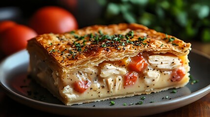 A mouthwatering slice of chicken pot pie, featuring a flaky crust and a flavorful filling.
