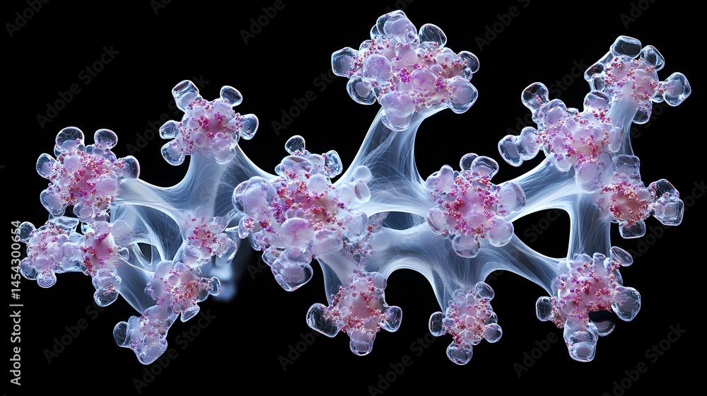 Poster intricate, translucent clusters of delicate forms against a dark background.