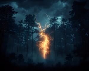 Dramatic lightning storm over a dark eerie forest