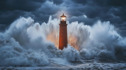 Illuminated lighthouse bravely stands against powerful storm waves.