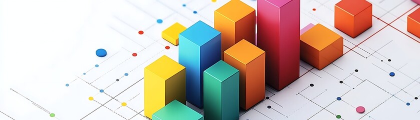 Fototapeta premium Colorful 3D bar graph showing data visualization on white background with lines and dots, a data chart