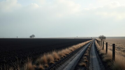 Serene Country Road Leading Through Darkly Plowed Fields Towards a Distant Horizon Under a Pale Sky