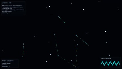 Animated network visualization showing drifting nodes, connections, and moving data packets. Includes HUD panels with data feed, signal graph, and threat status. Subtle glitch effect. - Powered by Adobe