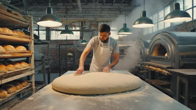Baker kneads large batch of dough by hand on wooden table in a bakery, showing physical effort and true artisan bread preparation