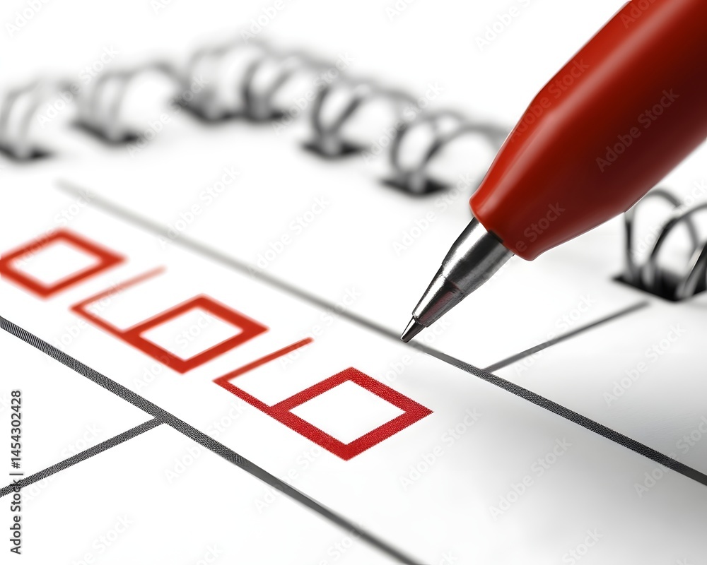 Poster a close-up view of a red pen marking checkboxes in a spiral-bound notebook. the image represents org