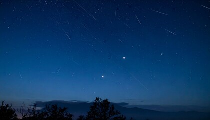 ダークブルーの夜空にぼんやりと浮かぶ月と流れ星が走る切ない雰囲気の背景イメージ